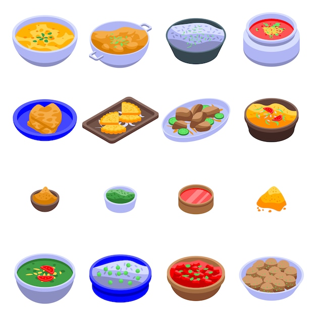 Vector indian cuisine icons set, isometric style