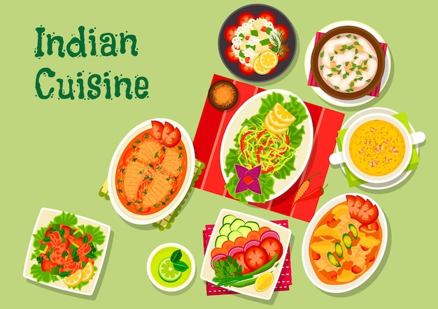 Indian cuisine lunch dishes icon with fish salad, spicy chicken salad, shrimp soup with saffron, cabbage salad, chicken almond soup, salmon stew, fresh vegetable salad, perch with potato