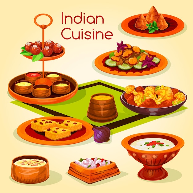 Vector indian cuisine lunch with dessert cartoon icon