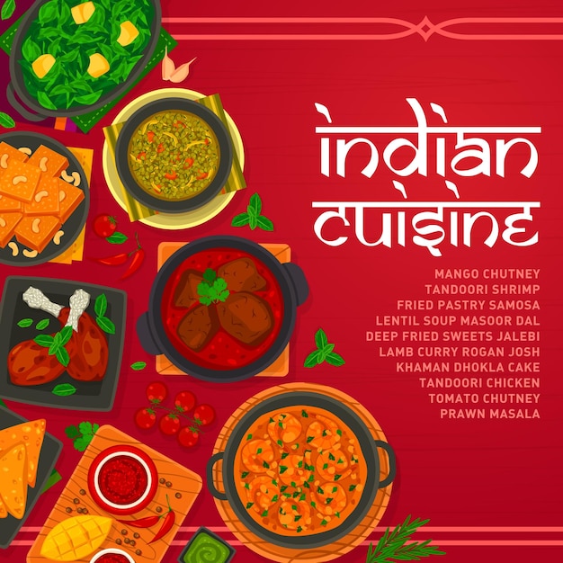 Vettore di copertina del menu della cucina indiana piatti indiani