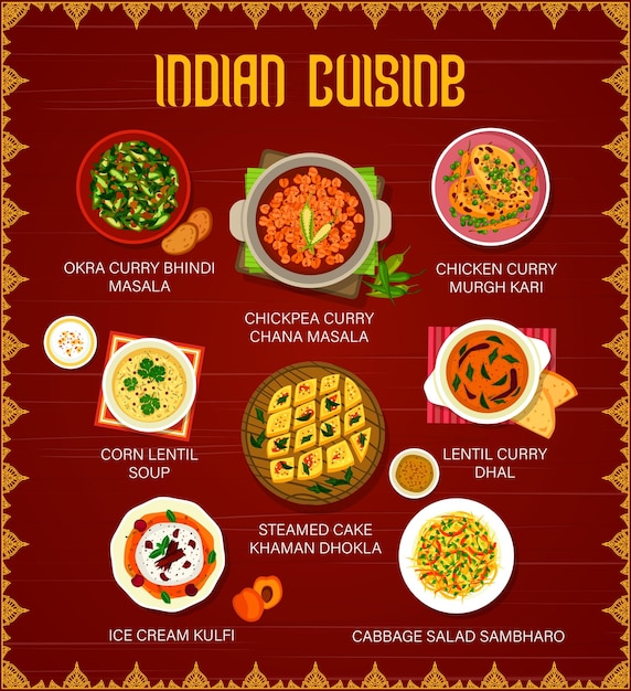 Vector indian cuisine restaurant menu with curry dishes