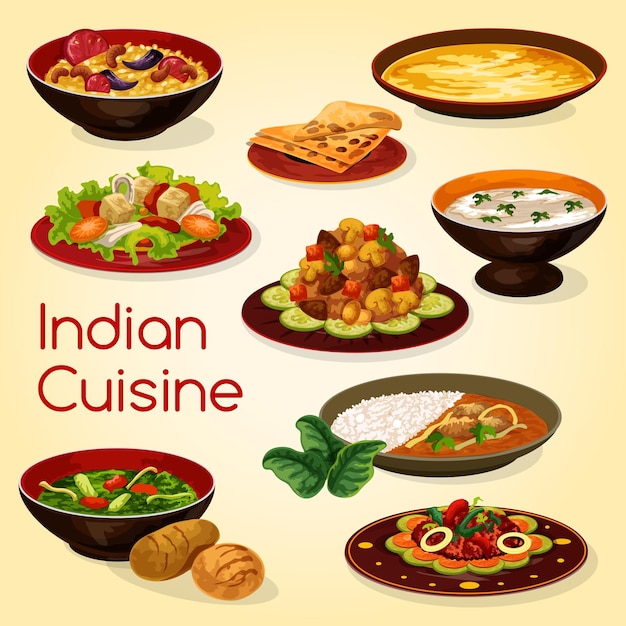 Vector indian cuisine rice meat and vegetable dishes