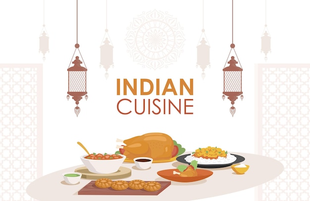 Индийская кухня вектор плоский дизайн плаката свежие и вкусные индийские