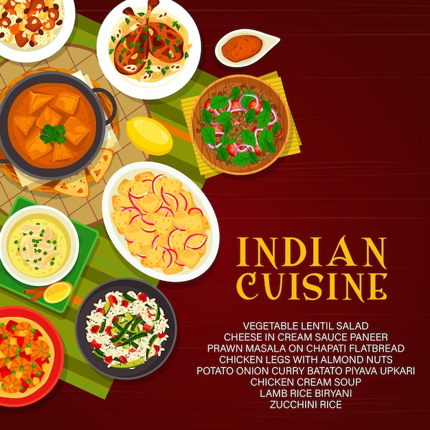 Indian cuisine vector menu cover, India dishes