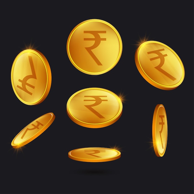 Vector indian currency rupee. rupee gold coin on different angles