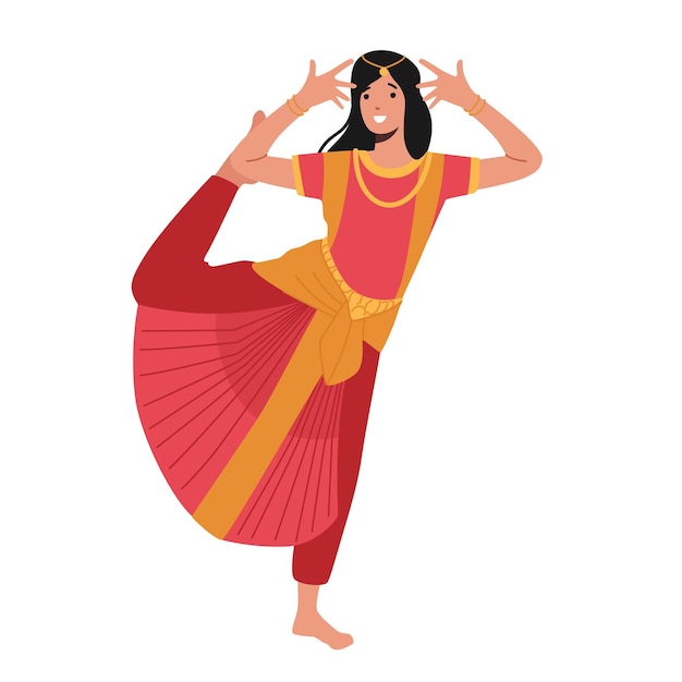 Indian dancer in traditional costume isolated on white background female bollywood dancer character in national costume sari and harem pants dance with raised leg cartoon people vector illustration