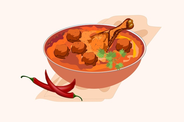 Vettore curry indiano del pollo del cibo delizioso con l'illustrazione di vettore del peperoncino rosso