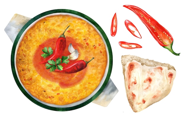Индийское блюдо dal tadka curry акварельная иллюстрация