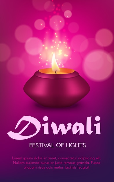 Indian diya lamp design of diwali or deepavali hindu religion\
light festival. oil lamp or candle lantern of pink clay with\
burning fire flame and gold sparkles, festive greeting