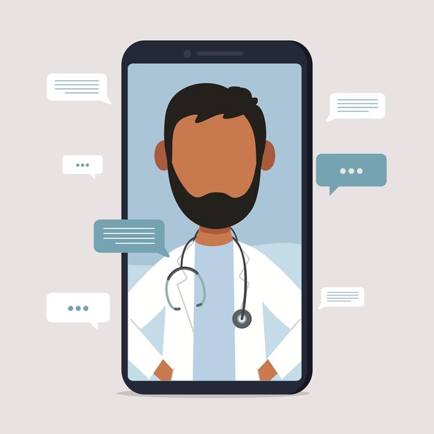 Vettore video medico indiano che localizza su uno smartphone per la consultazione medica online. diagnostica medica via internet. concetto di medicina online e assistenza sanitaria. illustrazione vettoriale piatta