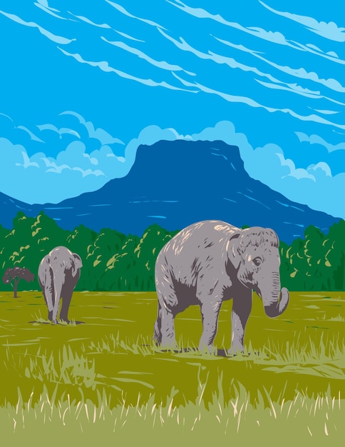 벡터 반다브가르 국립공원의 인도 코끼리 인도 아트 데코 wpa 포스터 아트