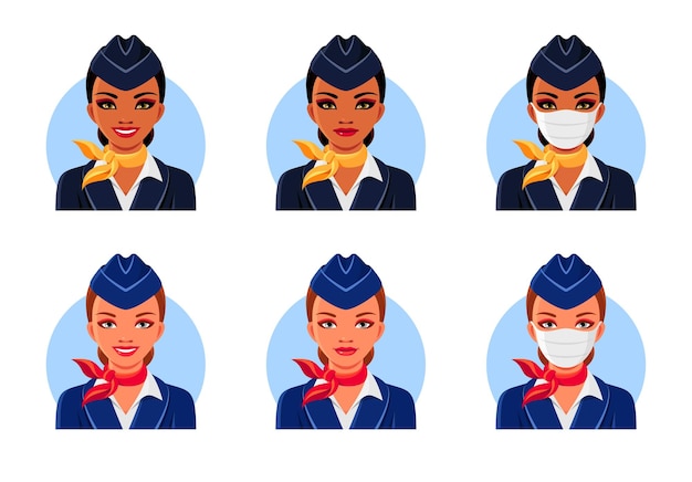 Vector indian and european air hostesses with smile and medical face mask.