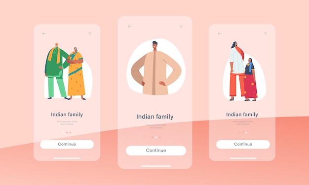 Indian family mobile app page onboard screen template young and old male and female characters parents grandparents