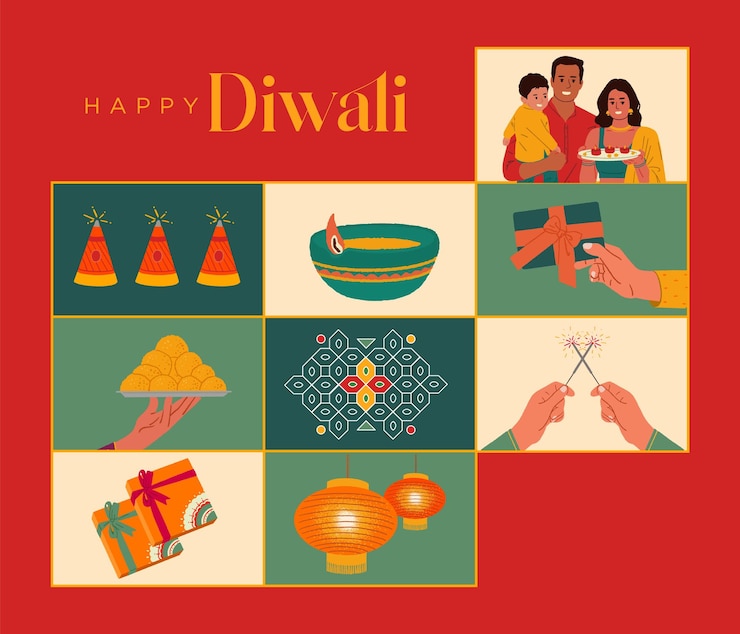Vector indian family in traditional dressing celebrating big diwali festival with culture elements vector