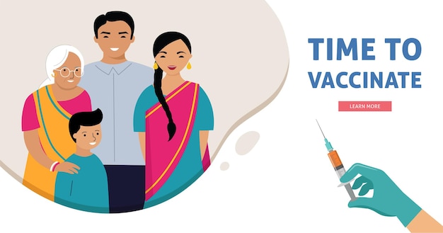 Indian family vaccination conceptontwerp. tijd om banner te vaccineren - spuit met vaccin tegen covid