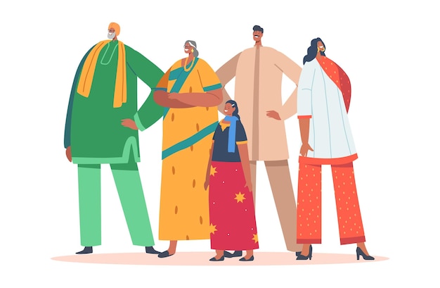 インドの家族は白い背景で隔離の伝統的な服を着て若い笑顔の男性と女性のキャラクター