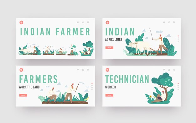 indian farmer landing page template set. rural men characters in traditional clothes plowing field by cow, planting and harvesting. agricultural worker use laptop. cartoon people vector illustration