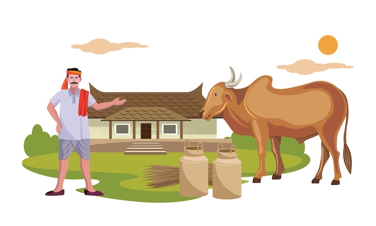 वेक्टर indian farmer milkman with indian cow in front of rural house vector