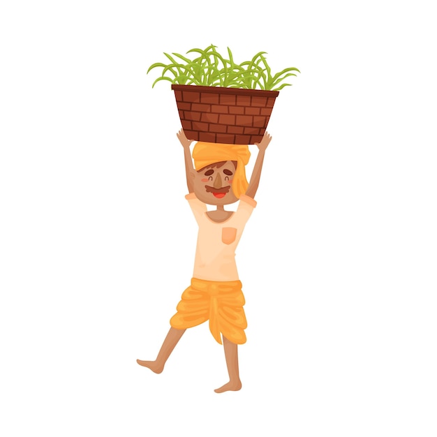 Indian farmer in orange clothes carries a wicker brown basket with sprouts on his head Vector illustration on a white background