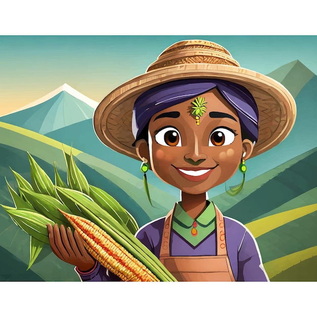 Vector indian farmer with crops in hand illustration