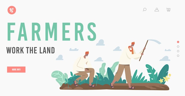 indian farmers work the land landing page template. characters in traditional clothes work on plantation plowing field with hoe and planting seedlings in soil. cartoon people vector illustration