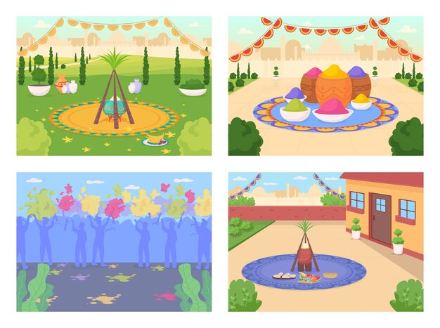 Vector indian festival celebration flat color illustration set