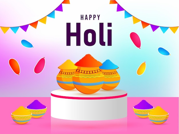 Indian festival of colors celebration Happy Holi pedestal podium background with gulaal and water balloons