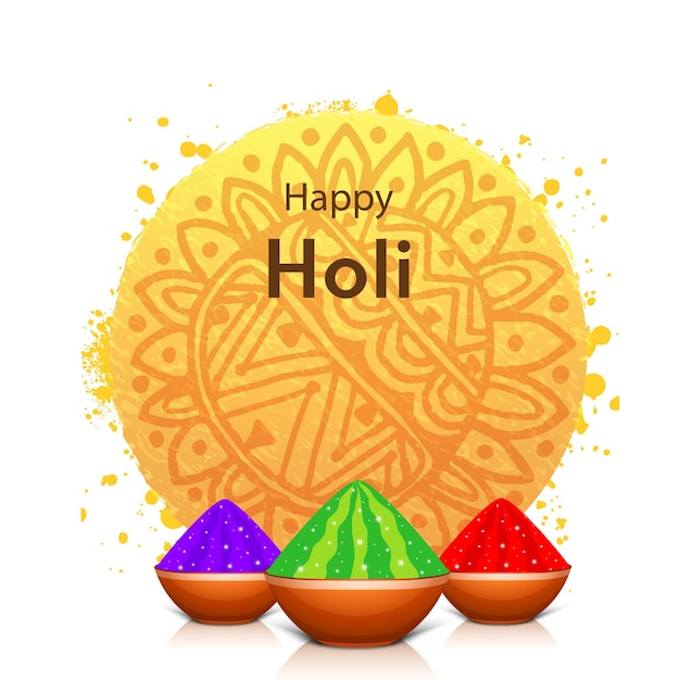 Indian festival of colours happy holi concept with drycoloursgulal on traditional mud pots and beautiful mandala design and space for your text