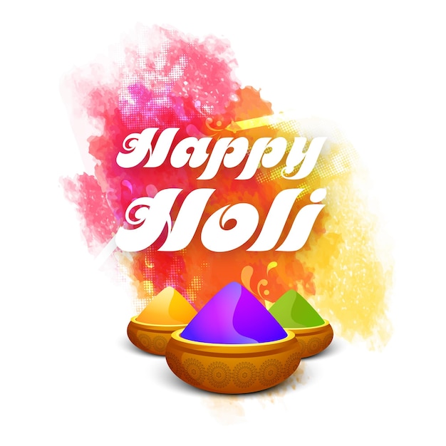 Indian festival of colours happy holi concept with shiny  drycoloursgulal and colourful halftone grunge background