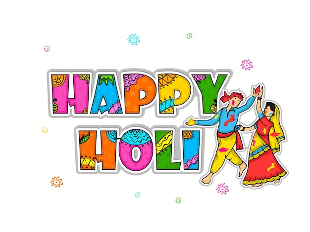 Indian festival of colours Happy Holi concept with stylish text and couple in traditional attires