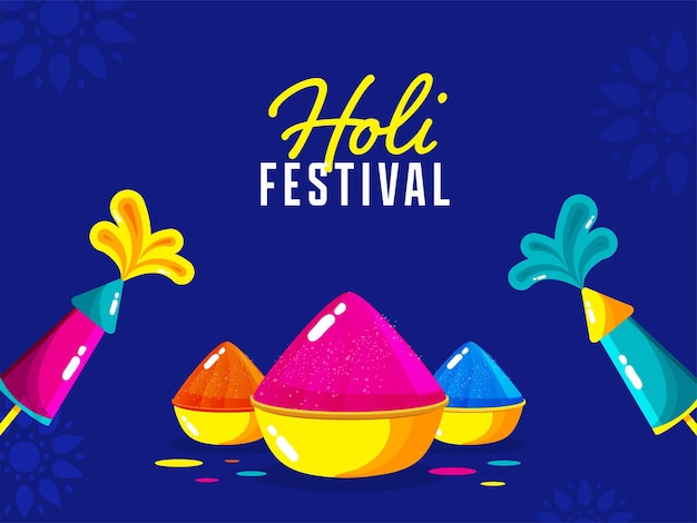 Festival indiano dei colori happy holi conceptl lucido e secco colorsgulal vasi dorati e colourgunspichkari contro il colore blu di sfondo