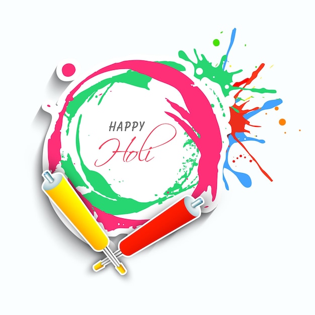 Festival indiano dei colori adesivo o etichetta happy holi con colorgunspichkari e coloranti su sfondo bianco