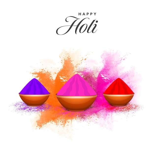 Vector indian festival of colours holi celebration concept with realistic clay bowls full of powder gulal and color splash on white background