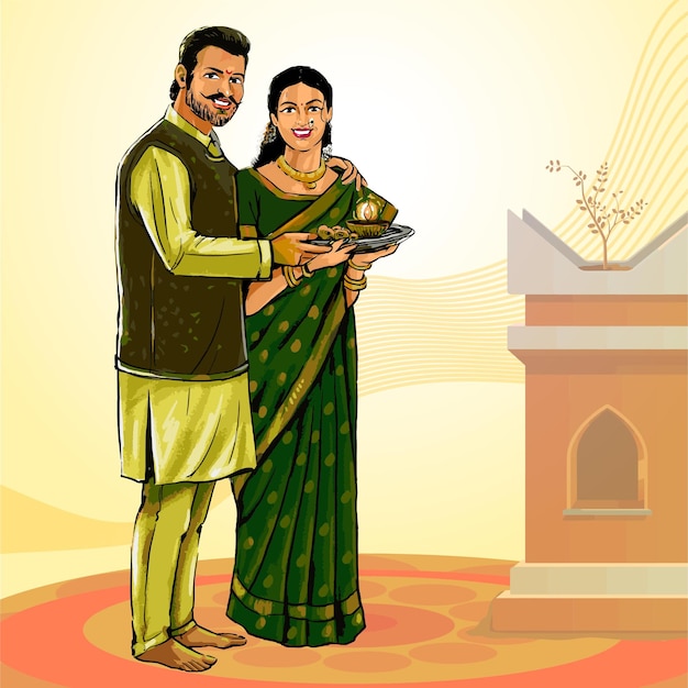 Vector indian festival couple illustration, happy gudi padwa indian festival, happy indian couple in tradit