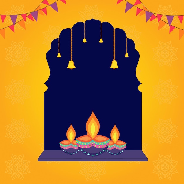 벡터 diwali 소품 diya 종 꽃과 함께 인도 축제 happy diwali diwali 축하 인사말 카드