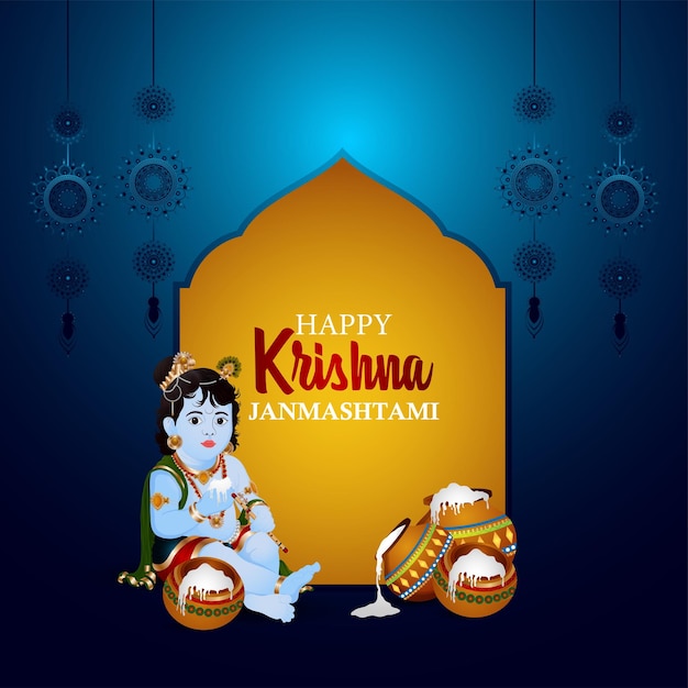 Indian festival happy krishna festival with makhan mataki on creative illustration background