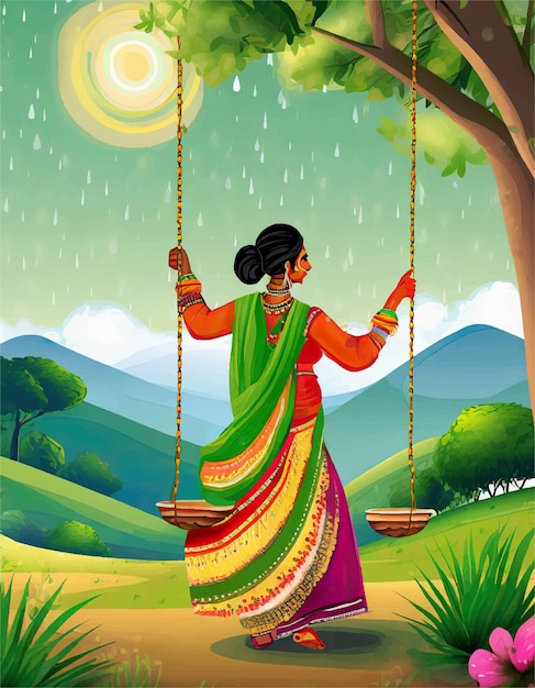 Festival indiano hariyali teej significa teej verde. la donna si gode il festival con l'altalena nel monsone su bea