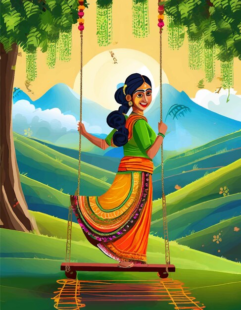 Индийский фестиваль Харияли Тидж означает, что женщина в зеленом тидже наслаждается фестивалем с качелями в сезон дождей на Би