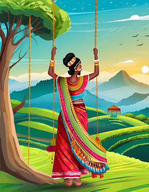 Вектор Индийский фестиваль харияли тидж означает, что женщина в зеленом тидже наслаждается фестивалем с качелями в сезон дождей на би