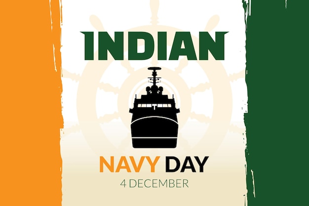 Illustrazione della bandiera indiana con nave da guerra e sagoma del timone della nave per poster, banner o sfondo del giorno della marina indiana