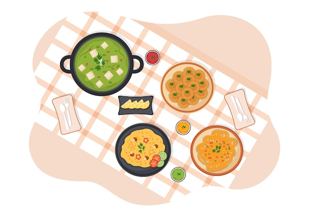 Indian food cartoon illustration with various collection in flat style design