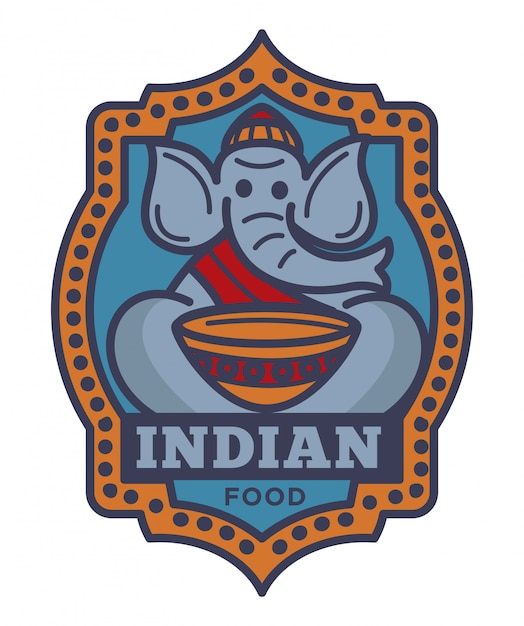 Logotipo commerciale di cibo indiano con elefante in abiti monaco buddista