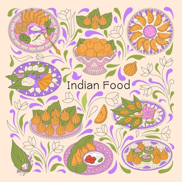 Vector indian food illustration different authentic dishes samosa modak ladoo karanji and others vector