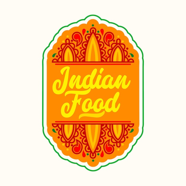 Indian food label with traditional oriental ornament. india cafe restaurant icon, emblem or orange signboard isolated on white background. design element for national cuisine menu. vector illustration