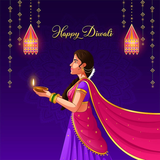 Indian Girl houdt diya in haar handen voor Happy Diwali-festival