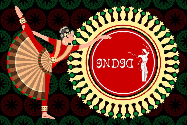 Indian girl in national costumes dance ornate background