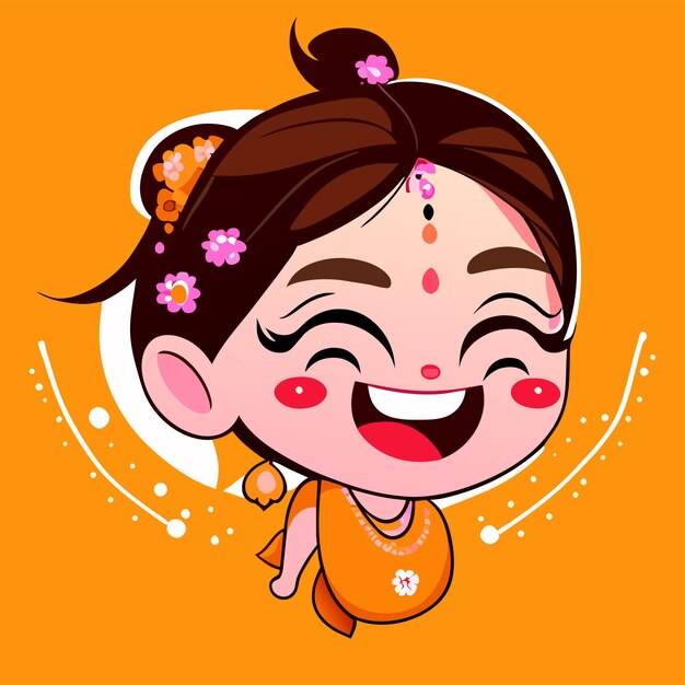 Indian girl in traditional clothes hand drawn flat stylish cartoon sticker icon concept isolated