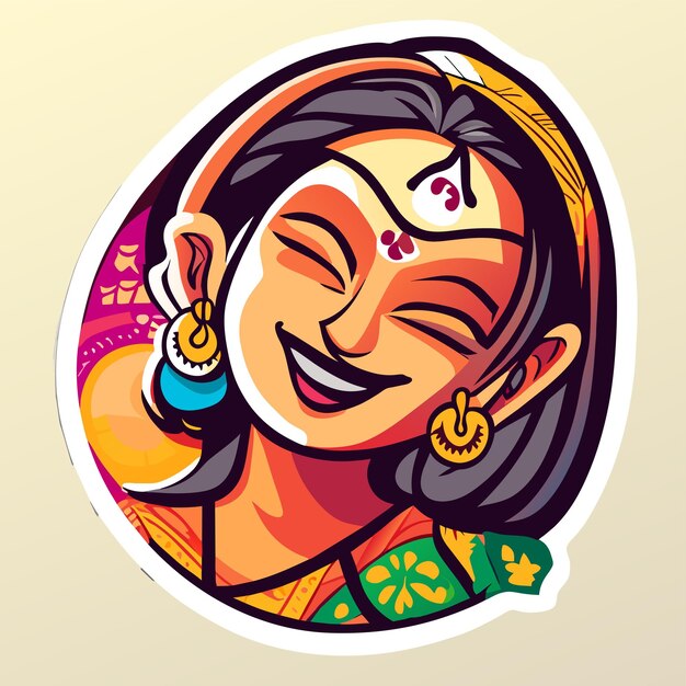 Ragazza indiana in abiti tradizionali disegnata a mano piatto elegante adesivo di cartone animato concetto di icona isolato