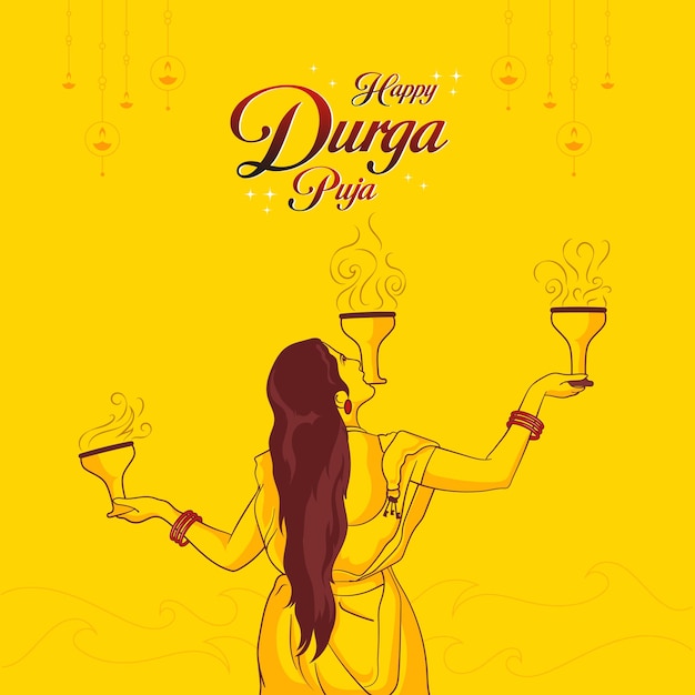 Indian girl with saree celebrating Durga Puja by Dhunuchi dance isolated on yellow Background