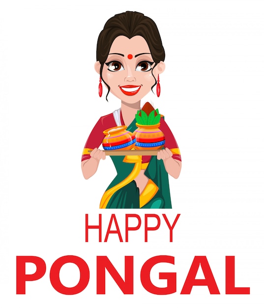 Indian girl with two pots, pongal greeting card,
